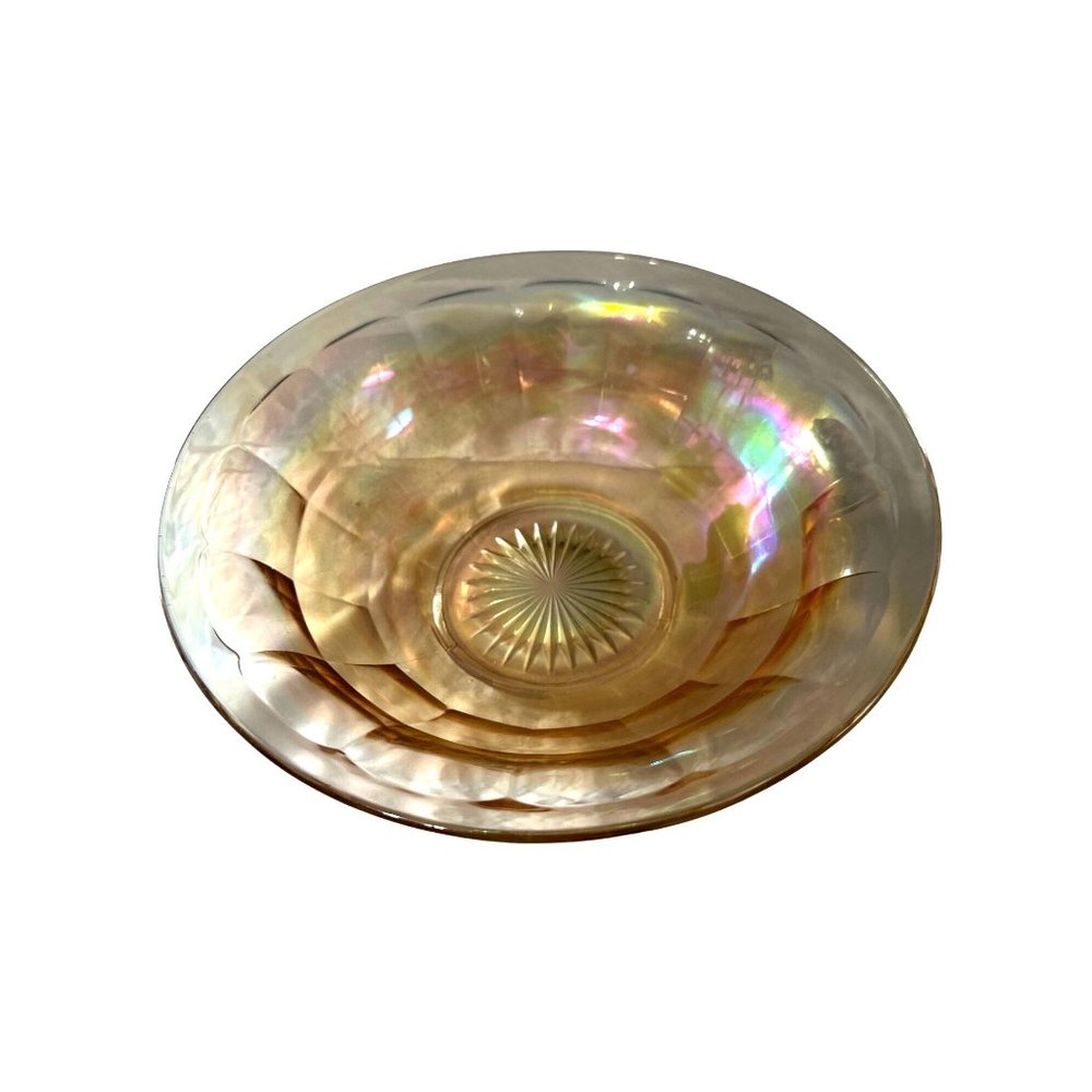 Vintage Jeannette paneled marigold iridescent 8.75” footed fruit bowl